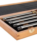 Badass Five Piece Wood Turning Lathe Chisel Set Featuring Rock Solid Tungsten Carbide Tips And Built Tough Square Stainless Handles in wooden case.
