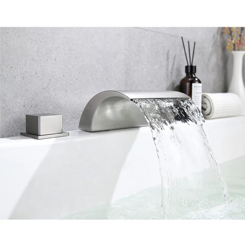 Roman Tub Faucet Brushed Nickel 2 Handle Widespread Bath Waterfall Deck Mount Tub Filler With Valve