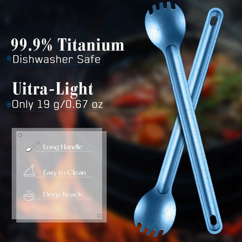 Ultralight Titanium Long-Handle Spork Set, 4-Pack, 8.7 Inch Spoon Camping Utensils in blue, lightweight and durable