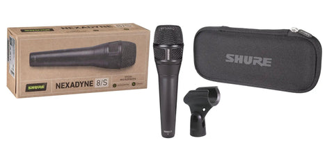 Nexadyne 8 S Supercardioid Dynamic Vocal Mic With Revonic Dual Engine Technology, XLR wired, with case and mount, black onstage ready.