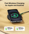 Fast Wireless Charging Pad 15W Qi Charger With Power Supply And Cable Included For Iphone 17 16 15 14 Series, AirPods, Samsung Galaxy S25 S24, Pixel 10 Black shown charging an iPhone.
