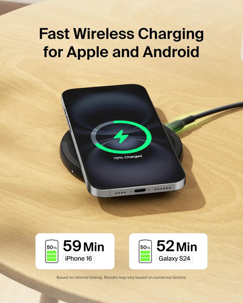 Fast Wireless Charging Pad 15W Qi Charger With Power Supply And Cable Included For Iphone 17 16 15 14 Series, AirPods, Samsung Galaxy S25 S24, Pixel 10 Black shown charging an iPhone.