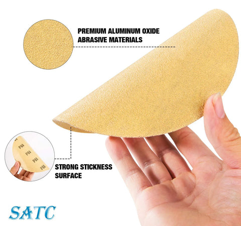 6-inch PSA sanding disc with adhesive backing; beige aluminum oxide abrasive, SATC brand