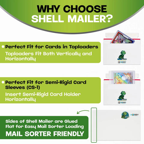 Infographic on 500 Pack Shell Mailer Trading Card Envelopes 7 By 4.35 Inch showing toploader and semi-rigid card fit