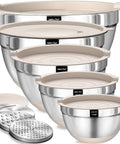 Eight Piece Khaki Stainless Steel Nesting Mixing Bowls With Airtight Lids And Three Grater Attachments displayed in a stack.