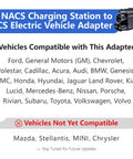 Nacs To Ccs1 Ev Charging Adapter Packing 500 Amp Fast Fill And Ultra Secure Dual Lock Clamps for showing compatible vehicles.