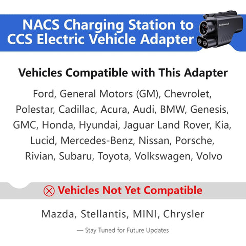 Nacs To Ccs1 Ev Charging Adapter Packing 500 Amp Fast Fill And Ultra Secure Dual Lock Clamps for showing compatible vehicles.