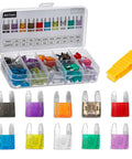 Heavy Duty Standard Automotive Blade Fuses 120 Piece Assortment Corrosion Resistant Zinc Alloy Housing Fast Acting Electrical Protection in a plastic organizer.