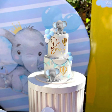 Too Cute Elephant Themed Cake Decor Set For Baby Birthday Cakes With Mini Elephants Blue And White Pearl Balls Hot Air Balloon Accents