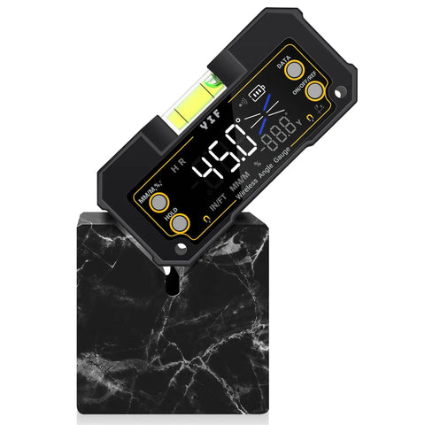 No Fuss Wireless Digital Angle Finder Tool With Dual Axis Alignment and Spot On Accuracy positioned on a black marble base.