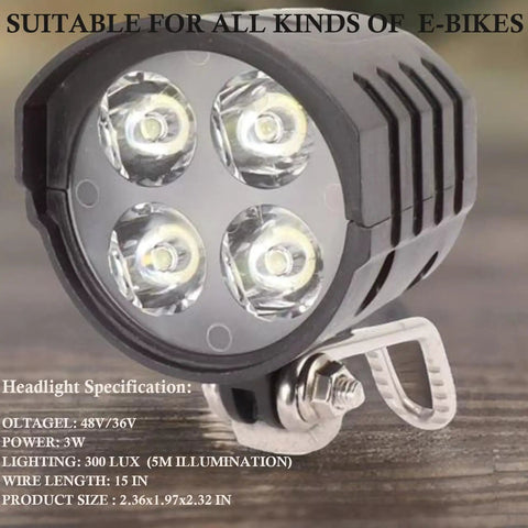 LED Bike Headlight With Horn For Electric Bikes And E Scooters 4 Bead Beam Waterproof 3 Pin Male Connector 36V 48V Compatible 15 Inch Wire Replacement Headlamp For Night Ride