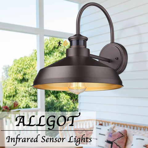 Infrared Motion Sensor Barn Lights Outdoor Wall Sconce Set in oil rubbed bronze, mounted on farmhouse exterior wall.