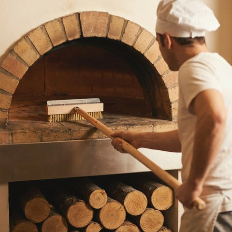 37 Inch Wood Handle Pizza Oven Brush With Scraper, Grime Bustin Outdoor Cleaning Tool With Brass Bristles And Steel Scraper in use