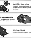 Retro Style Duckbilled Hasp Latch For Boxes Iron Box Lock With Folding Butt Hinges Black, showing design and materials