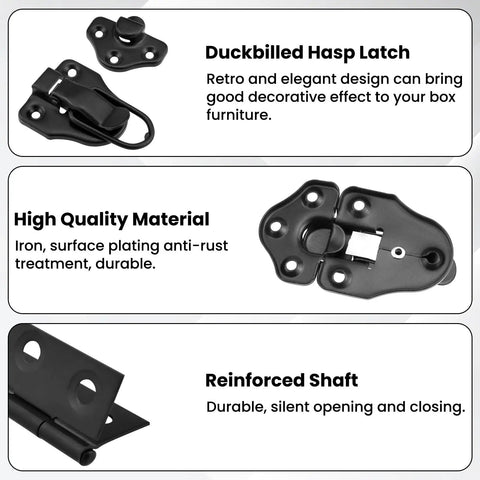 Retro Style Duckbilled Hasp Latch For Boxes Iron Box Lock With Folding Butt Hinges Black, showing design and materials