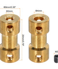3D Printer Rigid Shaft Coupling 3mm To 4mm Bore, 20mm Length, 9mm Dia M3 Brass Shaft Coupler Connector, top and side views