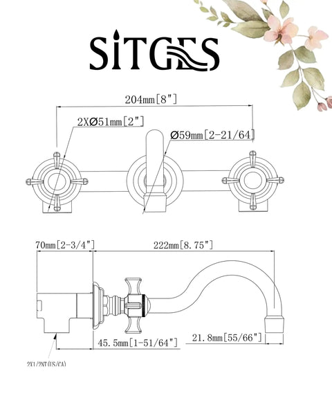 Technical drawing of Two Handle Wall Mount Bathroom Sink Faucet With Rough In Valve Included Brushed Nickel Finish Solid Brass