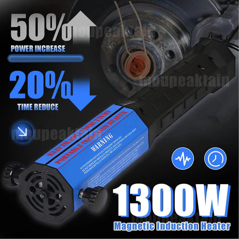 Kick Loose Stalled Bolts And Nuts With This 1300W Induction Heater Tool with visible power increase and timer reduction details.