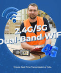 Warehouse worker with Android 13 Barcode Scanner PDA083 With Zebra 4750MR Mid Range Scanner for 1D and 2D codes, 2.4G/5G WiFi displayed.