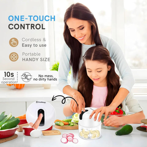 Easyspeed Wireless Garlic Chopper Mini Electric Food Processor With 304 Stainless Steel Blades For Onions Ginger And Baby Food Portable Usb Rechargeable Handheld Meat Grinder Smart Kitchen Gadget White being used by a mother and daughter.