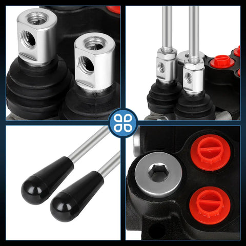 Close-up views of 2 Spool Hydraulic Flow Control Valve 21 GPM Directional Valve With Adjustable Joystick for heavy-duty use.