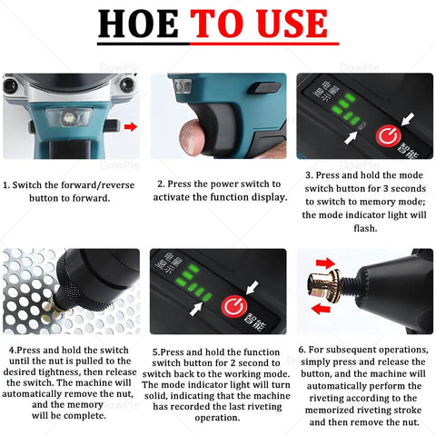 Cordless Rivet Nut Tool Kit With Electric Pop Rivet Gun usage instructions shown in six steps for easy operation