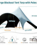All Weather Camping Canopy Tarp With Poles And Sun Shade Shelter For Outdoor Camping Backyard Or Picnic Includes Guy Lines And Luminous Tent Stakes Grab And Go Setup Spacious Shade Gray shown with measurements and storage bag