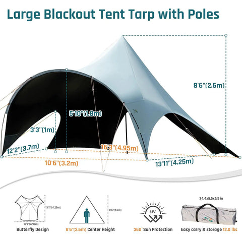 All Weather Camping Canopy Tarp With Poles And Sun Shade Shelter For Outdoor Camping Backyard Or Picnic Includes Guy Lines And Luminous Tent Stakes Grab And Go Setup Spacious Shade Gray shown with measurements and storage bag