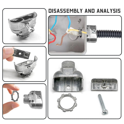 Disassembled view of Duplex 3/8 In Wire Box Connector Set for Flex AC MC NM Cables, showing zinc die-cast components and screw clamp.