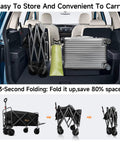 Heavy Duty Collapsible Wagon With Tailgate And Brake 600 Lbs Capacity All Terrain Beach Cart folded in car trunk