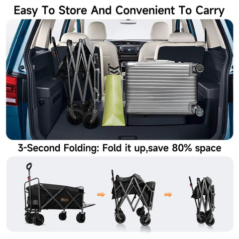 Heavy Duty Collapsible Wagon With Tailgate And Brake 600 Lbs Capacity All Terrain Beach Cart folded in car trunk
