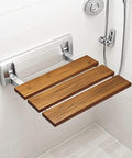 Folding Shower Seat Wall Mounted Bench Teak Wood Chair With 350 Lb Capacity Water Repellent Lacquer Finish Aluminum Bracket