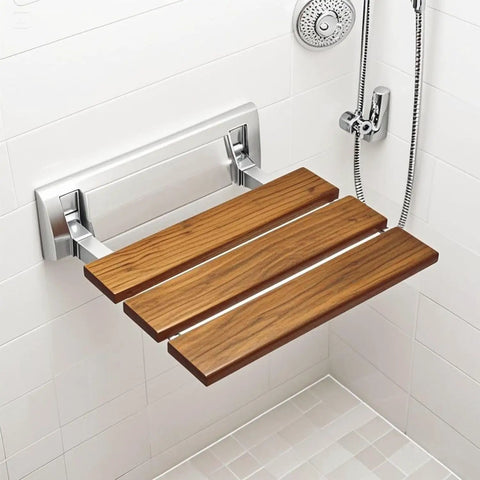 Folding Shower Seat Wall Mounted Bench Teak Wood Chair With 350 Lb Capacity Water Repellent Lacquer Finish Aluminum Bracket