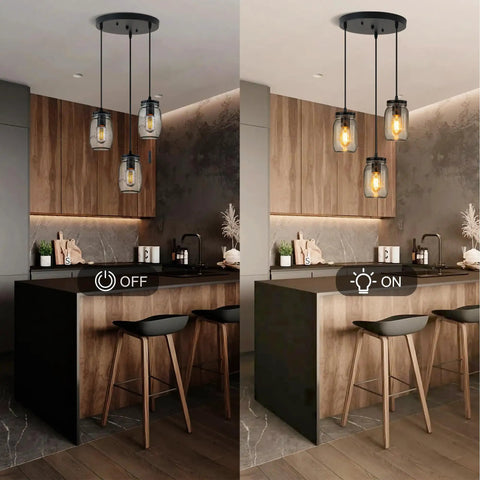 Industrial Mason Jar Pendant Lights for Kitchen Island shown in both off and illuminated in modern kitchen setting.