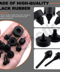 Hand holding 160 Piece Black Automotive Rubber Bumper Stopper Kit With 12 Types Heavy Duty Rubber Bumpers For Ford And GM Vehicles