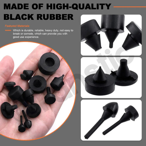 Hand holding 160 Piece Black Automotive Rubber Bumper Stopper Kit With 12 Types Heavy Duty Rubber Bumpers For Ford And GM Vehicles