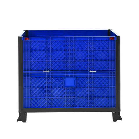 Heavy Duty Collapsible Bulk Container With Easy Access Doors Rock Solid HDPE Storage Tote Built Tough Stackable 600 Pounds Capacity Blue