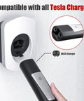 Keep Your Garage Looking Slick With This Rock Steady Tesla Charger Cable Organizer And Wall Mount Dock That Securely Holds White Nacs Cables Tidy Using Heavy Steel Brackets And Screws, showing Tesla charger connector and wall mount.