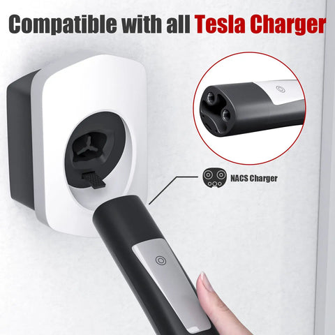Keep Your Garage Looking Slick With This Rock Steady Tesla Charger Cable Organizer And Wall Mount Dock That Securely Holds White Nacs Cables Tidy Using Heavy Steel Brackets And Screws, showing Tesla charger connector and wall mount.