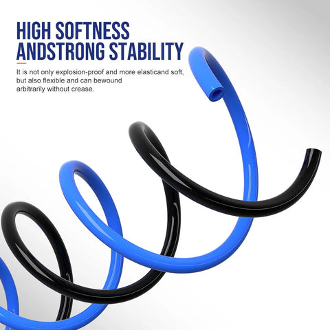Close-up of blue and black air hose highlighting high softness and stability for One Half Inch OD Air Hose Kit With Push To Connect Fittings