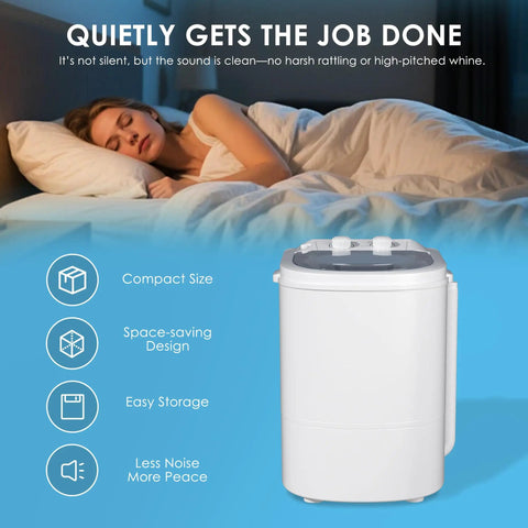 Heavy Duty Portable Washing Machine With 5.5 Pound Capacity And Quick 110V Spin Cycle Super Easy Space Saving Laundry Lifesaver For Tiny Apartments Dorms RV And Road Trips Grey next to a woman sleeping peacefully.