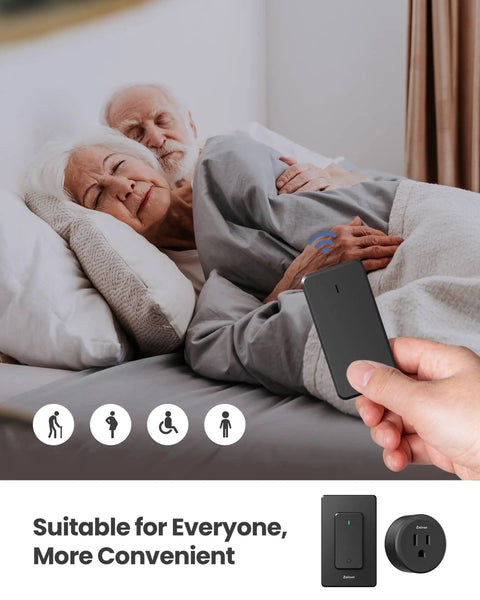 Hand holding the Removable Buckle Remote Outlet Switch Wall Mount Or Portable 300 Ft Range 1500W On Off Power with senior couple in bed