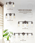 Chart showing sizes of Three Light Vanity Light Fixture For Farmhouse Bathroom With Metal Wall Sconce Clear Glass Shades Oil Rubbed Bronze Finish.