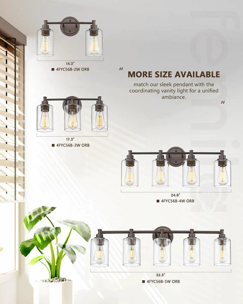 Chart showing sizes of Three Light Vanity Light Fixture For Farmhouse Bathroom With Metal Wall Sconce Clear Glass Shades Oil Rubbed Bronze Finish.
