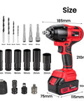 18V Brushless Cordless Impact Wrench Serving Up 1106 FT Lbs Of Killer Torque 1/2 Inch Drive 3200 Max RPM, showing size, accessories, and components.