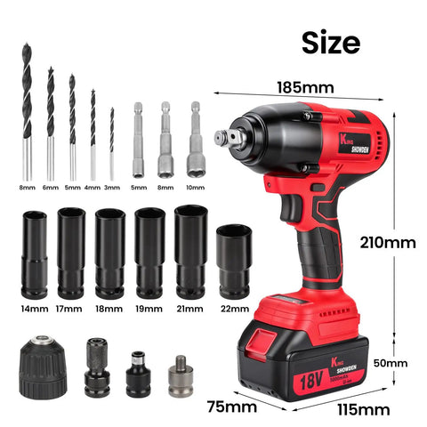 18V Brushless Cordless Impact Wrench Serving Up 1106 FT Lbs Of Killer Torque 1/2 Inch Drive 3200 Max RPM, showing size, accessories, and components.