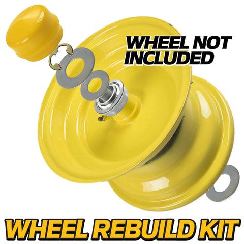 Front Wheel Steering Spindle Rebuild Kit With Bushing To Bearing Conversion For LA D And X Series Garden Tractors with Yellow Hub Caps