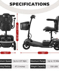 Front and side views of Metro Mobility 4‑wheel folding scooter with front basket; 15‑mile range, 330 lb capacity.