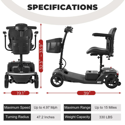 Front and side views of Metro Mobility 4‑wheel folding scooter with front basket; 15‑mile range, 330 lb capacity.