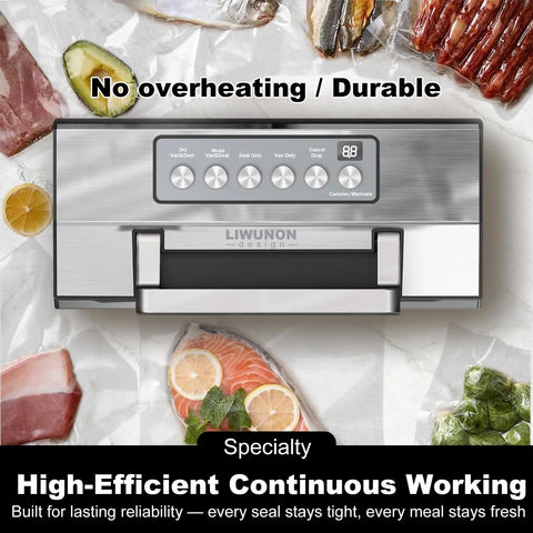 Front view of LIWUNON stainless steel kitchen vacuum sealer with control panel, built-in cutter, and handle.